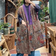 Johnature Women Vintage Cotton długie kamizelki płaszcze w stylu chińskim bez rękawów, dekolt w szpic patchworkowy, z nadrukiem Floral 2020 Winter Pocket kamizelki