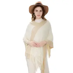 Новая женская трикотажная Золотая шелковая insered кружевной пуловер, отделанный бахромой Платки-шали