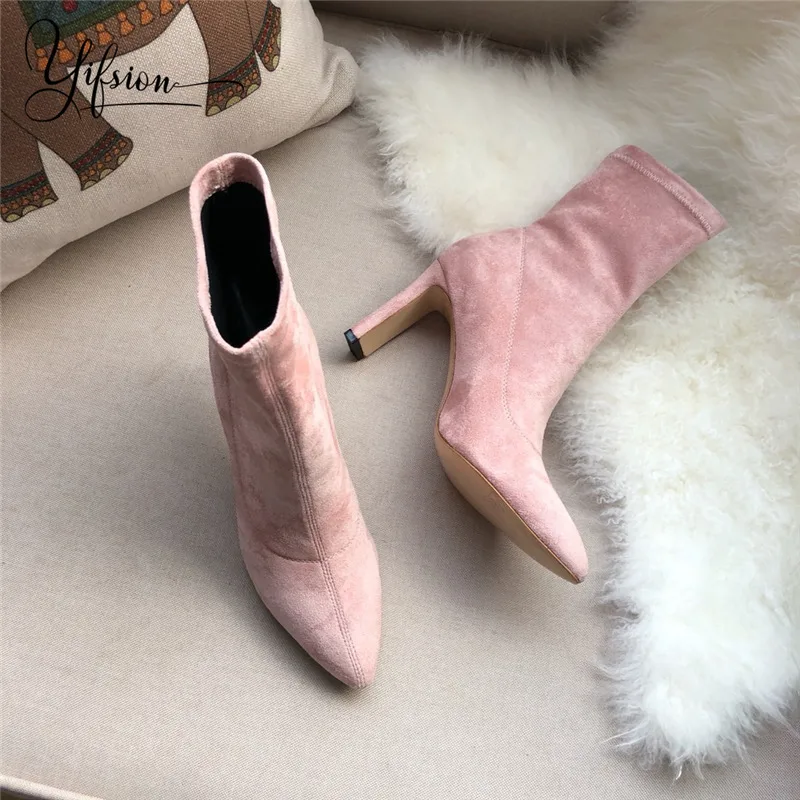 

OLOME New Fashion Black Pink Kid Suede Women Boots Pointed Toe Slip On Thin High Heel Women Autumn Ankle Boots Shoes Woman