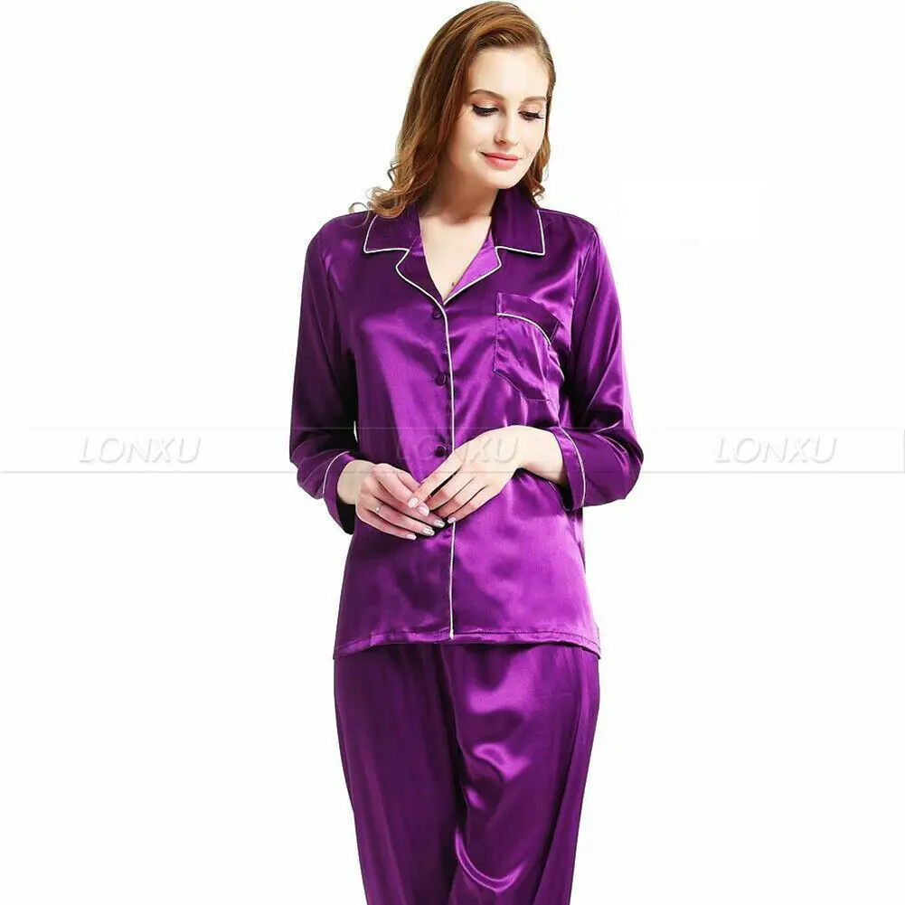 Фиолетовый Stylish Autumn Women's Solid Pajamas Sets Button Long Sleeve Loose T-shirt Top and Silk-like Satin High-waist Long Pants S-XL - Цвет: Фиолетовый
