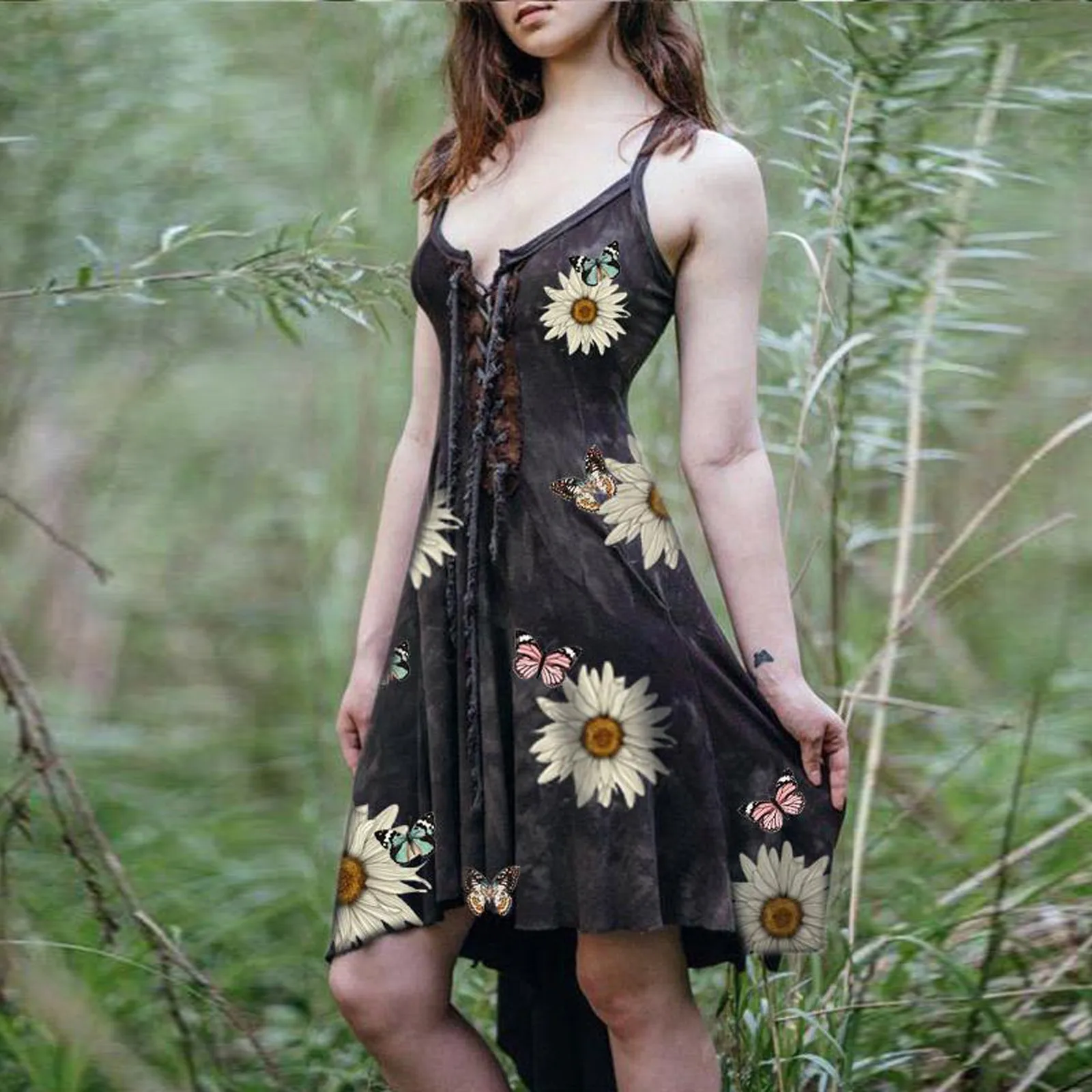 Vestido corto femenino de verano sin mangas con estampado de mariposa, minivestido Sexy bohemio con dobladillo Irregular para mujer, estampado de girasol, # T2Q