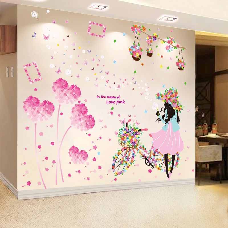

[shijuekongjian] Fairy Girl Bike Wall Stickers DIY Butterflies Flowers Wall Decals for Kids Room Baby Bedroom Home Decoration
