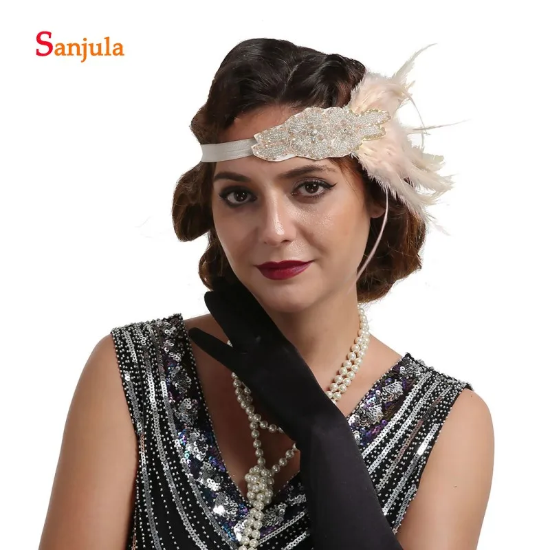 1920s Vintage Headband for Bridal Wedding Hair Decorations Beaded Elastic Headband Feathers Women Fanscinators Hats BQ020