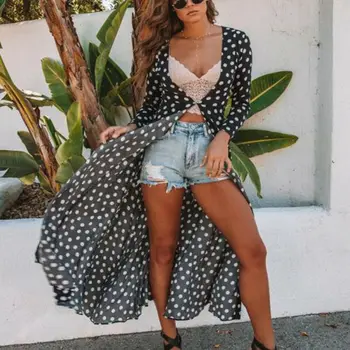 

Summer Women Polka dot Chiffon Kimono Cardigan Floral Printed Long Sleeve Blouse Autumn Beach Cover Up Long Tops Boho Loose