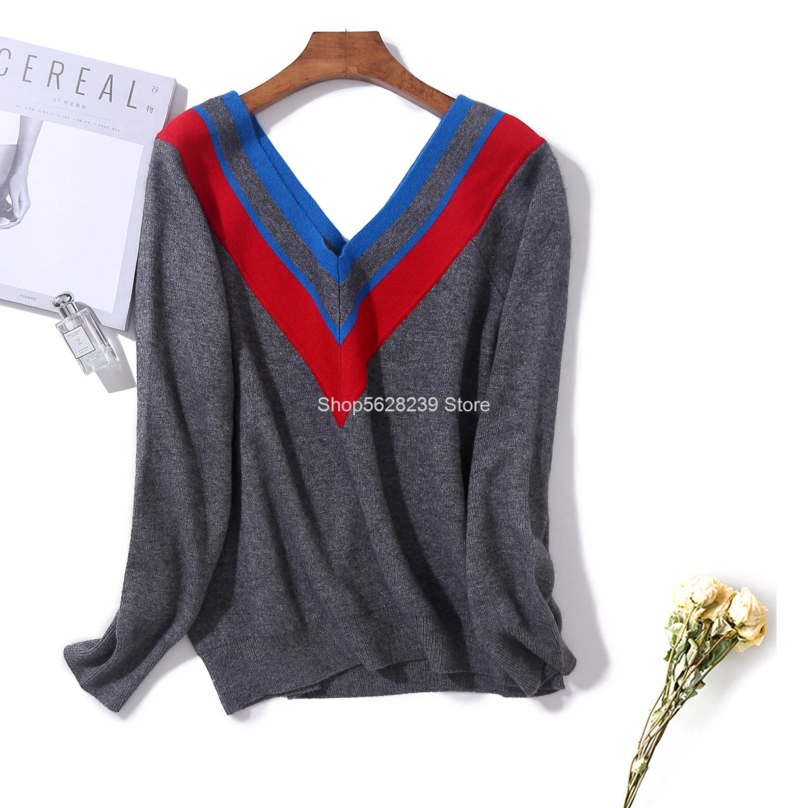 

Stripes Side Contrast Big V Collar Loose Knitting 2020 Pack Long Sleeve Joker Sweater