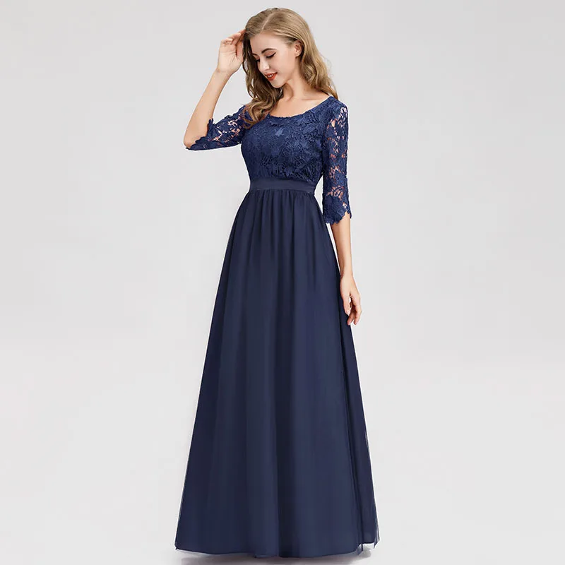 Skyyue вечернее платье с коротким рукавом и круглым вырезом женские вечерние платья а-силуэта Кружевное Платье De Soiree одноцветное плюс размер элегантное вечернее платье C432 - Цвет: Тёмно-синий