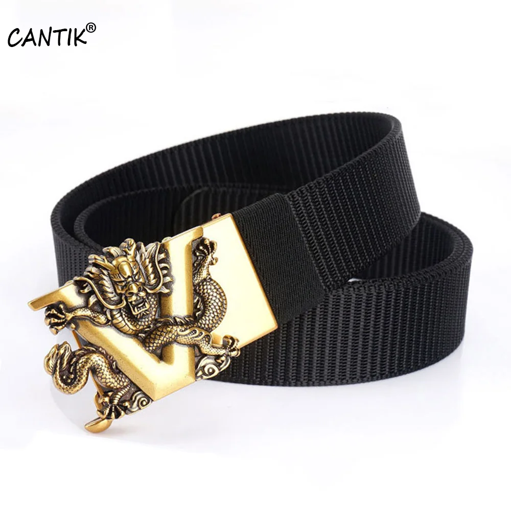 CANTIK Unique Chinese Dragon V Automatic Buckle Golden Metal Quality Nylon & Canvas Belts Men Jeans Accessories 3.5cm CBCA266