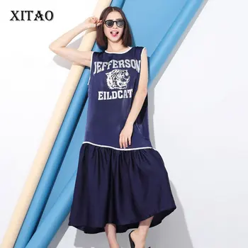 

[XITAO] New Arrival Spring Europe Women Fashion O-Neck Pullover Sleeveless Letter Pattern Mid-Calf Pleated Dress SS-006