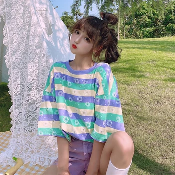 

Women Summer Fashion Japan Style Sweet Floral Print Stripe Oversized Short Sleeve T-shirt Student Office Lady Casual Loose Tee