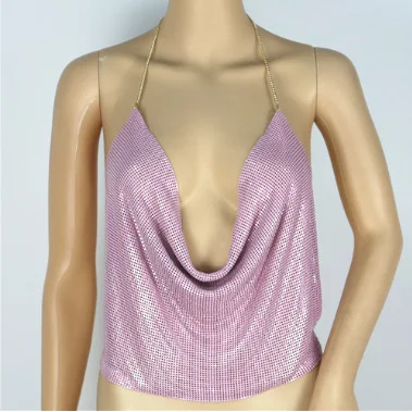 light purple Сексуальный топ с v-образным вырезом и металлическими блестками для ночного клуба, Женский крутой топ на бретелях с открытой спиной и цепочкой - Цвет: light purple