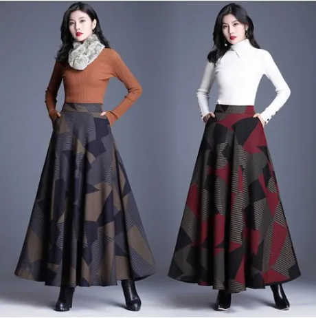 Saia, шерстяные юбки с высокой талией, Женская мода, Осень-зима, Офисная Женская винтажная плиссированная юбка с принтом, клетчатая длинная юбка, fw606