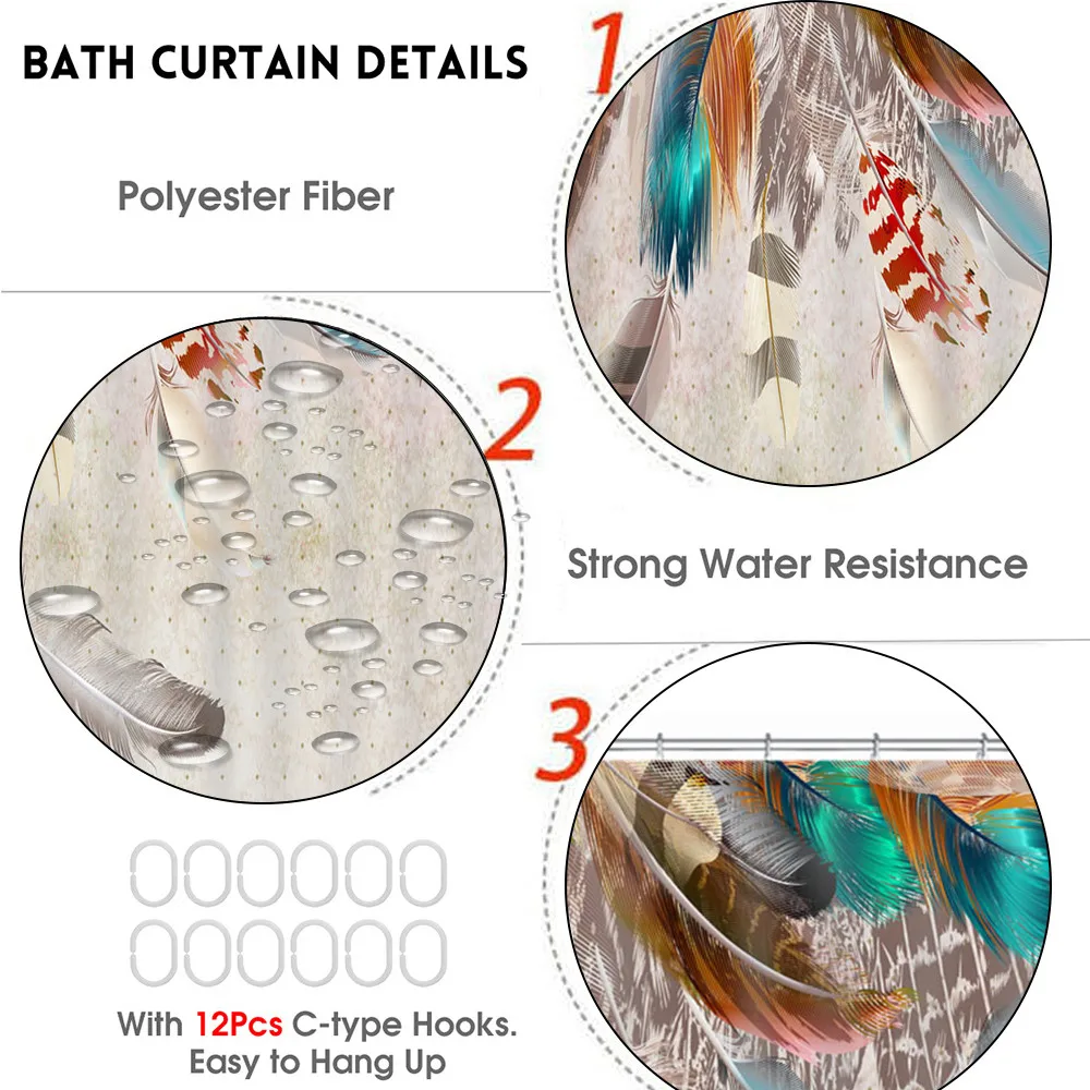 3pcs Bathroom Mats Set Feather series Shower Curtain Anti-Slip Pedestal Rug Lid Toilet Cover Shower Floor Toilet Rug Carpet