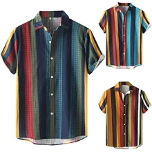 

JAYCOSIN 2021 Summer Men's Beach Shirt Fashion Casual Check Stripe Print Short Sleeve Button Turn-Down Shirt Hawaiian Shirt