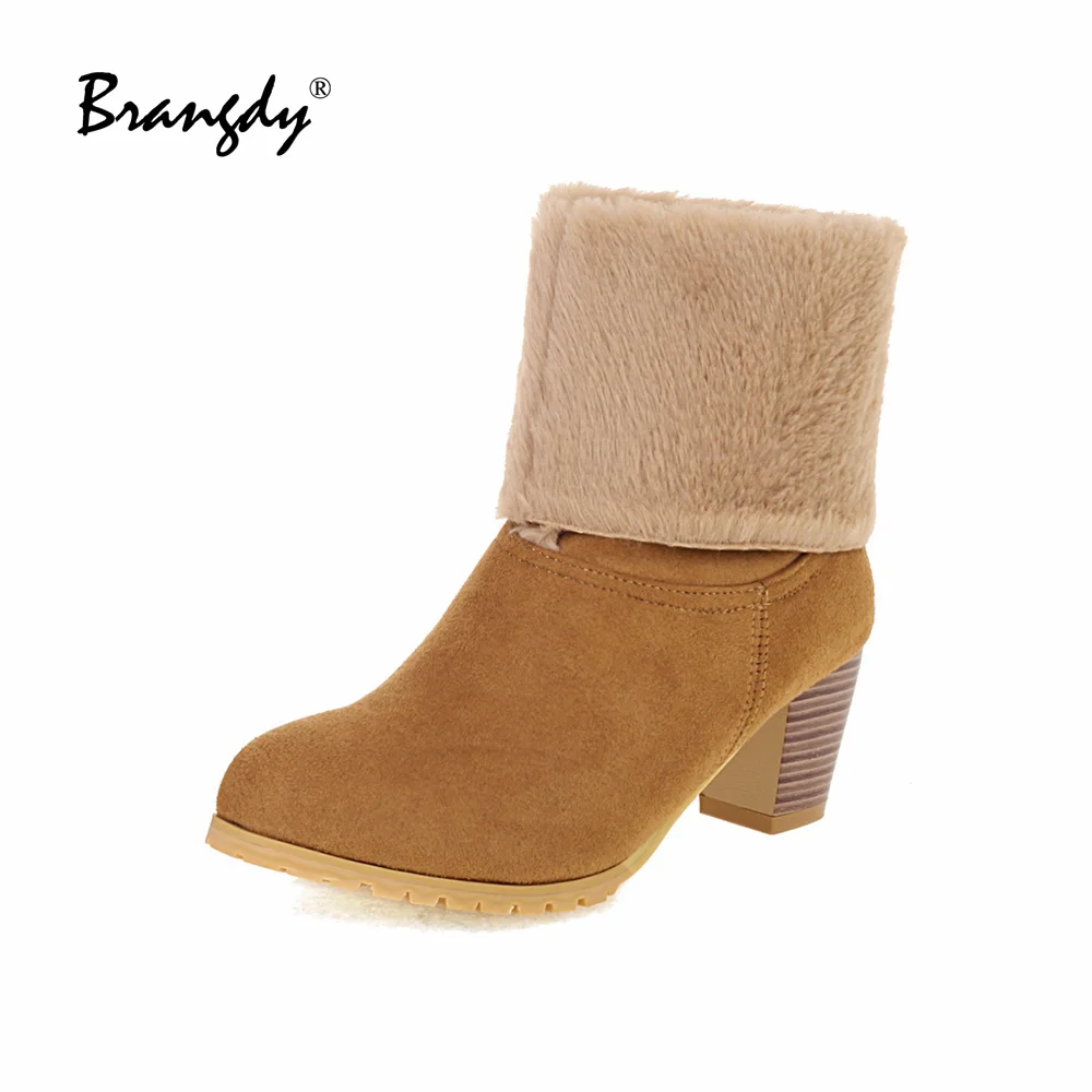 Brangdy Classical Women Ankle Boots Suede Women Shoes Lamb Wool Pointed Toe Women Winter Boots Fur Square Heels Fold Two Ways