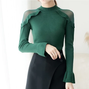 

shintimes Flare Sleeve Women Sweater Ruched Mesh Hollow Out Knitted Turtleneck 2019 Fall Winter Vogue Sweater Woman Pullovers