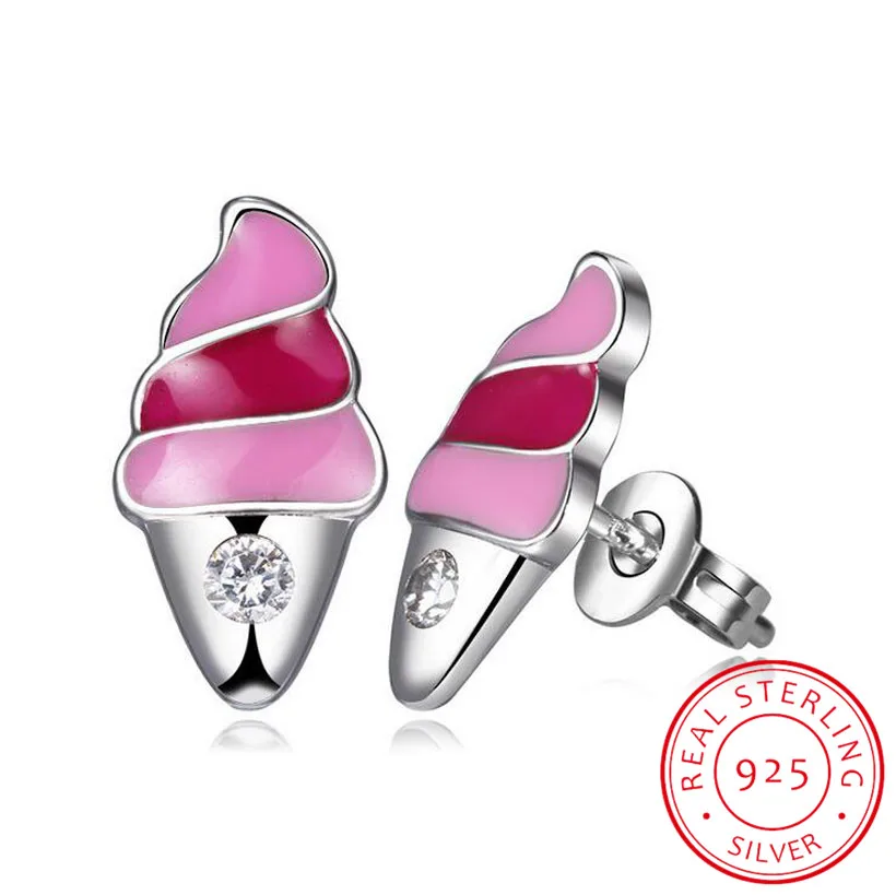 Children 925 Sterling Silver Pink Enamel Cute Ice Cream Small Stud Earring For Baby Kids Girls Party Korea Jewelry | Украшения и