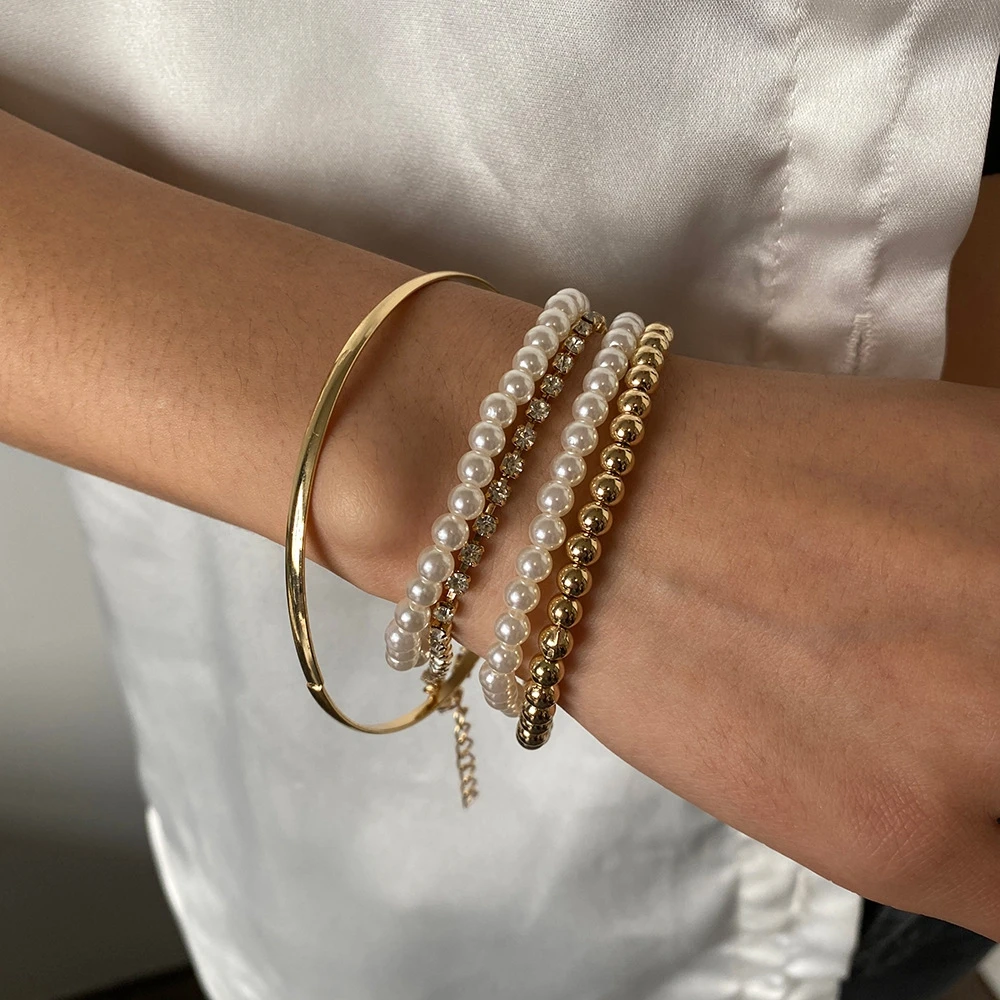 

5PCS/Set Beaded Bracelets Punk Pearl Multi-layer Geometry Adjustable Rhinestone Zircon OT Buckle Chains Bangle Jewelry Women
