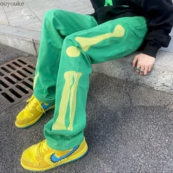 Pantalones vaqueros verdes de pierna ancha para hombre y mujer, jeans holgados con bordado de hip hop para monopatín, Y2K, 2021