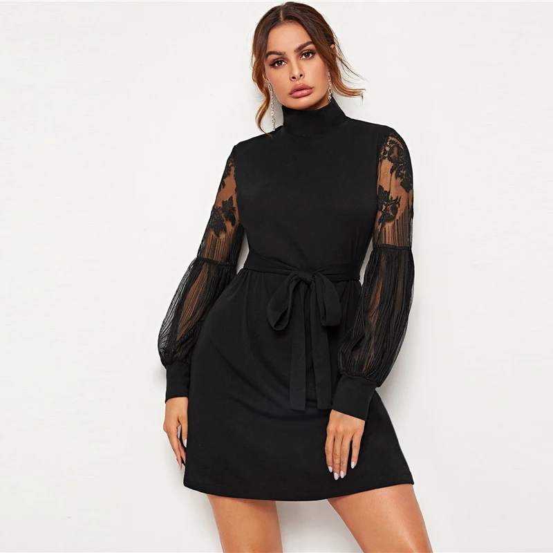 SHEIN элегантное платье с поясом, с высокой горловиной, с контрастным кружевом, с рукавом-фонариком, женские осенние модные короткие платья с высокой талией