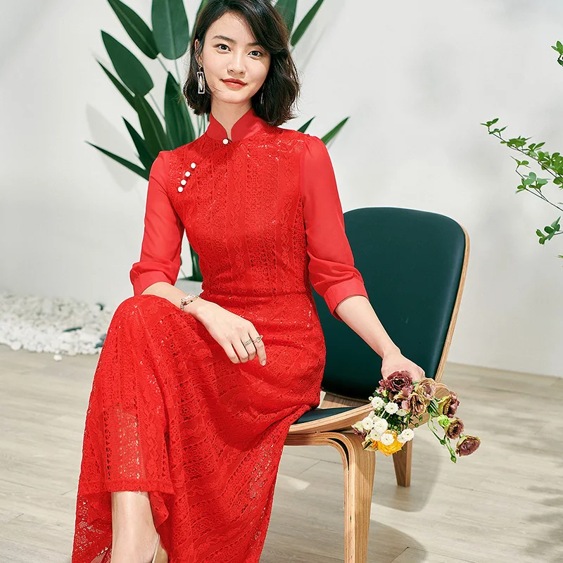 Spring Autumn Lace Long Dress Chinese 