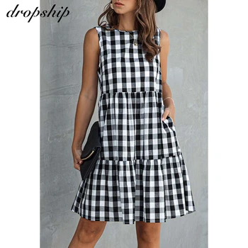 

Dropship Plaid Mini Dress O Neck Sleeveless Summer Party Dresses 2020 Plus Size Bodycon Dresses Holiday Boho Sundress Clothes