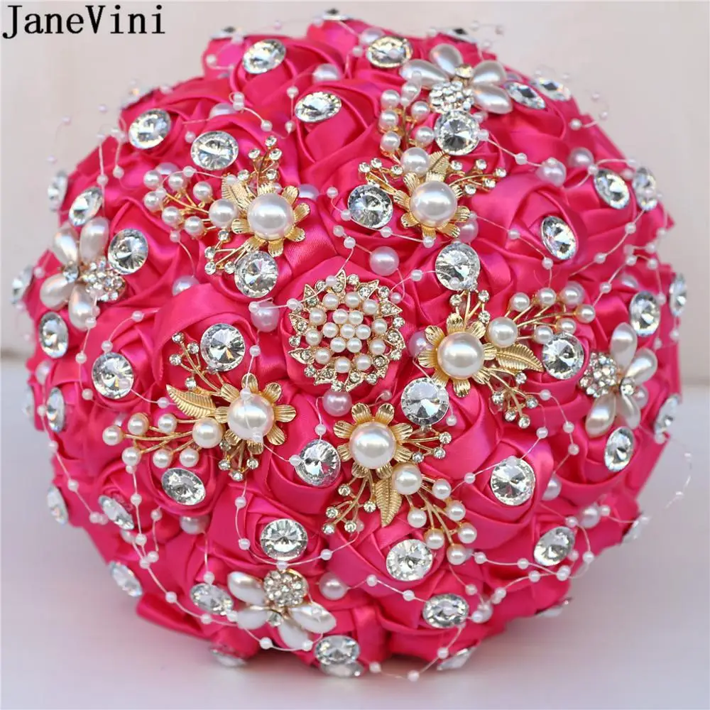 

JaneVini Luxury Gold Decoration Crystal Wedding Bouquet Pearls Beaded Diamond Bridal Ribbon Flowers Royal Blue Hot Pink White
