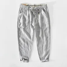Z351 Men Casual Pants Simple Fashion Chic Handsome All-Match Student Solid Color Linen Drawstring Elastic Waist Loose Trousers