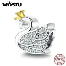 WOSTU Настоящее 925 пробы серебро принцесса лебедь циркониевые амулеты подходят браслет кулон DIY ожерелье Роскошные ювелирные изделия CQC1343