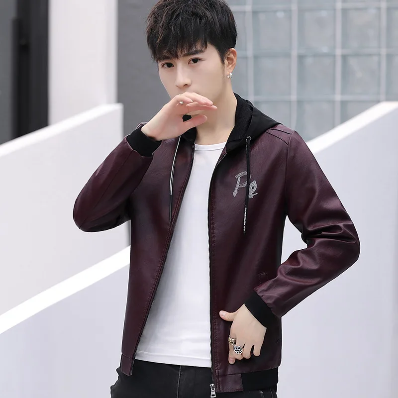 

MEN'S Leather Coat Slim Fit Casual Men's Embroidered Hooded MEN'S PU Leather Jacket Men's