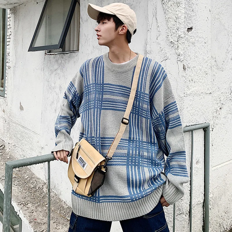 YUECHE Autumn And Winter Men's New Striped Contrast Color Round Neck Long-sleeved Sweater Casual Loose Youth Popular YUECHE Autumn And Winter Men's New Striped Contrast Color Round Neck Long-sleeved Sweater Casual Loose Youth Popular