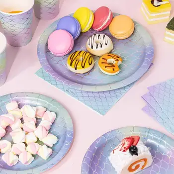 

Paper Printing Disposable Paper Dinnerware Mermaid Party Supplies Tableware Cake Tray Party Paper Plates 24 Set