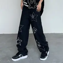 

Star Embroidery Harem Pants Mens High Street Streetwear Washed Jeans Vintage Black Straight Loose Wide Leg Dad Hip Hop Trousers