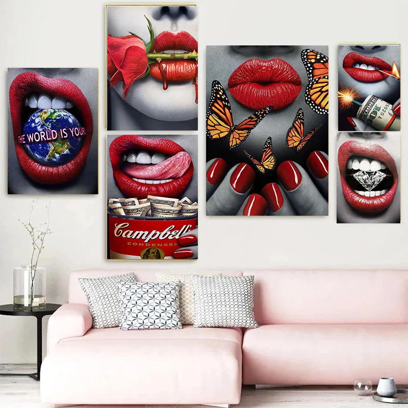 CHENISTORY DIY Frame Paint By Number Flame Red Lips Landscape For Adults Picture By Numbers Acrylic Drawing On Canvas Home Decor