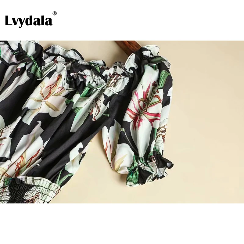 Lvydala новые подиумные платья женские с коротким рукавом Slash шеи лилии цветочный принт платья для женщин роковой Ete