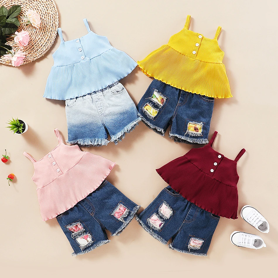 

2022 For 1-4 Years Girls Clothes Sets Summer Tops + Denim Shorts 2pcs Outfits Fashion Children's Clothing