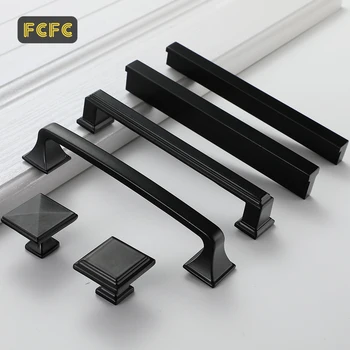 FCFC Square Matte Black American Kitchen Cabinet Handle 64mm 128mm Drawer Black Cabinet Wardrobe Character Solid Pulls
