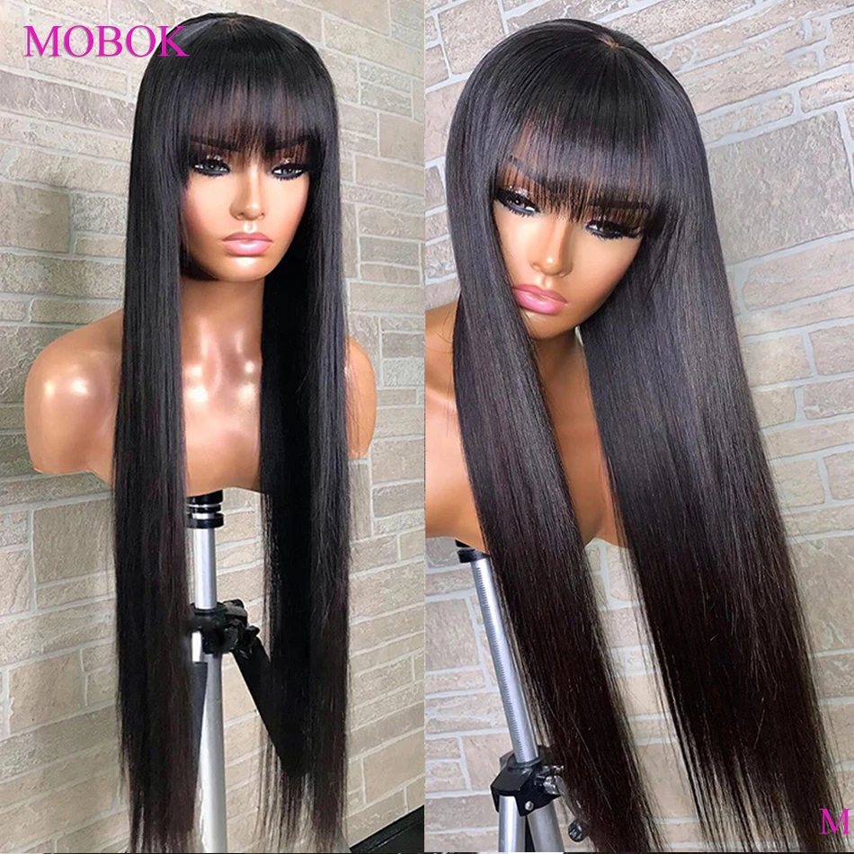 

Mobok Straight Wig Human Hair Wigs With Bangs 150% Brazilian Remy Wig With Bangs Human Hair Full Machine Made Wigs For Women