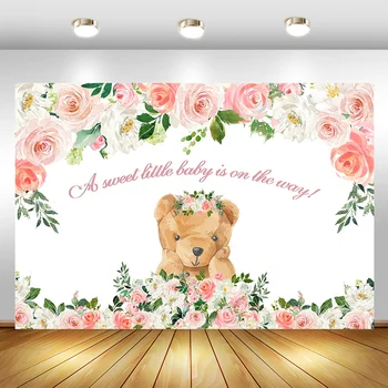

Brown Bear Girl Baby Shower Backdrop Pink Flower Baby Shower Party Photo Background Dessert Table Decorations Props Banner
