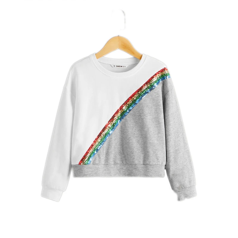SHEIN Kiddie/Двухцветная Толстовка с контрастными пайетками для девочек; детские топы; коллекция года; осенние повседневные толстовки с длинными рукавами для подростков