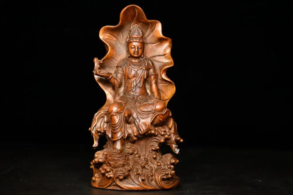 

5" China Lucky Seikos Boxwood Lotus Leaf Guanyin Statue Avalokitesvara Buddha Statue Amitabha