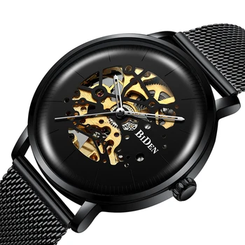 

BIDEN Men's Watches Black Mechanical Wristwatches Automatic Curved Screen Hollow Waterproof Watch for Men relogio masculino