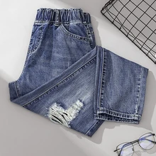 4xl свободные эластичные с высокой талией повседневные джинсовые брюки женские A5336