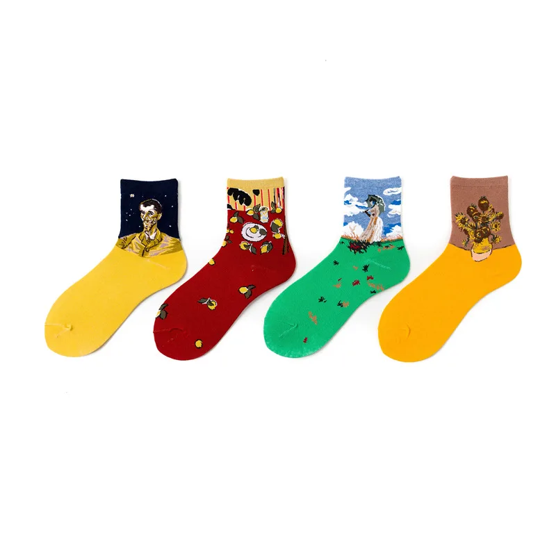 Абстрактное искусство одежда в уличном стиле с принтом из мультфильмов Kawaii короткие носки Ван Гог Ренессанс масляной краской хлопковые носки счастливые женские теплые Забавные милые носки