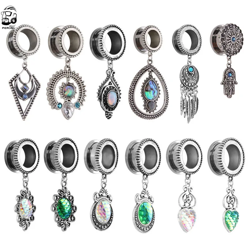 2pcsVintageDangledEarTunnelsandPlugsGreenColorHeartFishScale