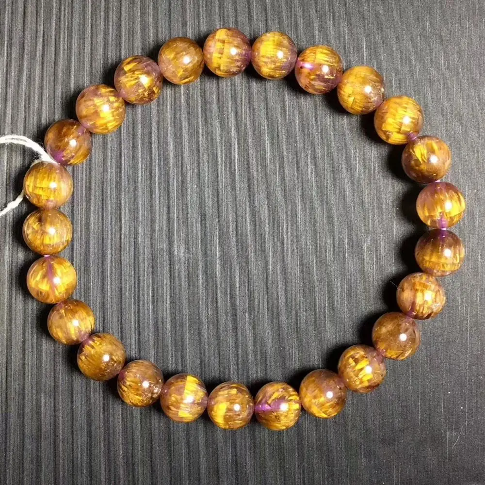 

Certificate Natural Cacoxenite Gold Purple Rutilated Quartz Bracelets Women Men Stretch Crystal Round Beads 7.1mm AAAAAA