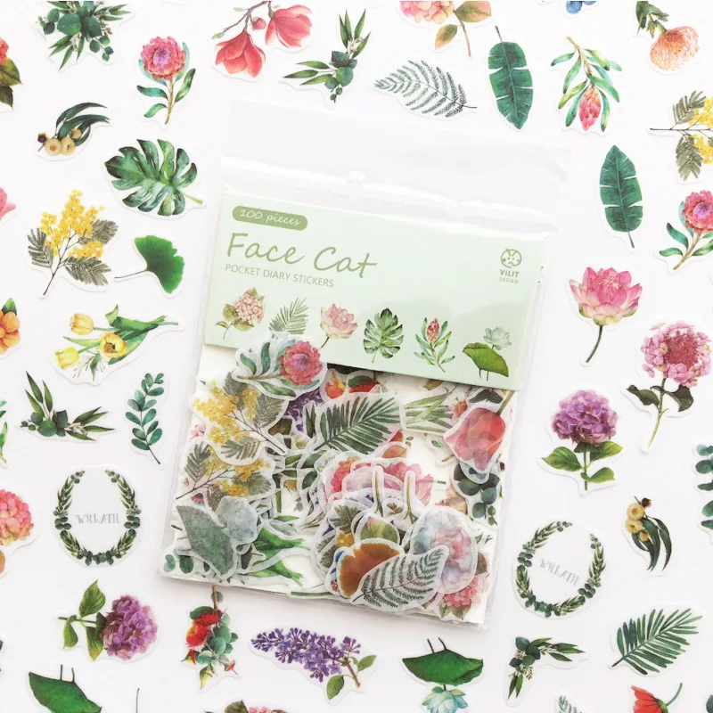 

100 Pcs/pack Kawaii Green Plant Sticker Cat Stickers for Kids Diy Diary Scrapbook Stickers School Office Supplies Stationery