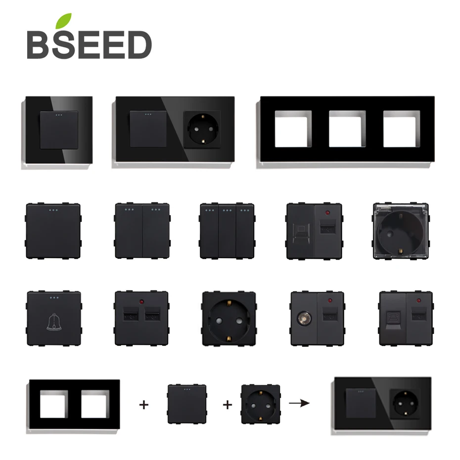 Bseed DIY Russia EU Standard Socket Button Switch USB TV Satellite With Crystal Glass Frame Panel Black Home Improvement | Обустройство