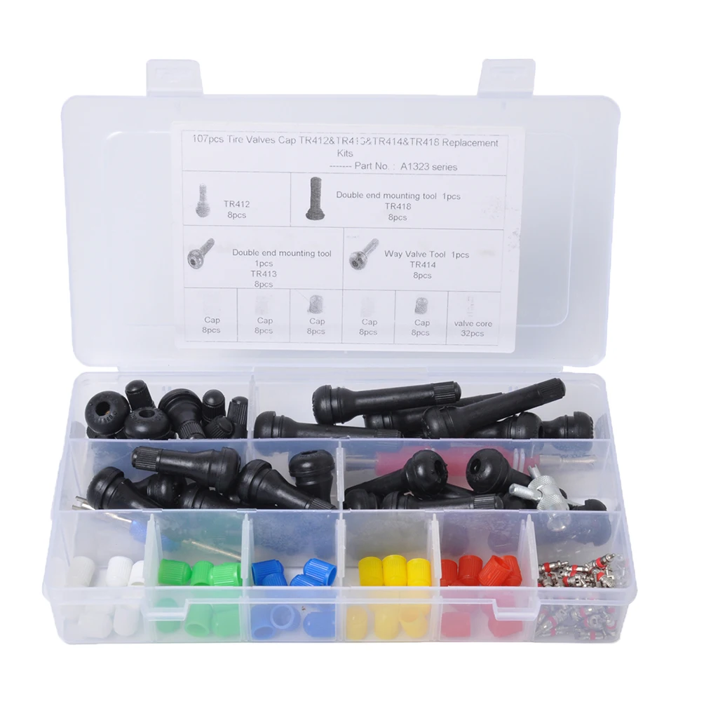 107pcs Auto TR412 TR413 TR414 TR418 Replacement Tire Valve Core Kit Tire Valve Repair Tool Set