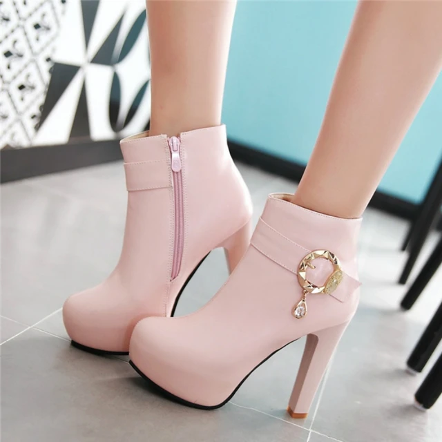 Botas cortas con plataforma para mujer, botines de tacón alto, blanco y rosa, para Otoño e Invierno _ - AliExpress Mobile