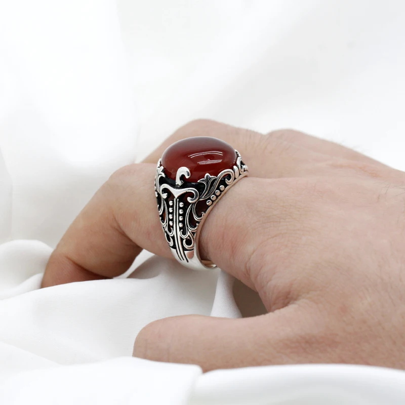 Male Ring 925 Sterling Silver Red Natural Agate Aqeeq Stone Badges Wave Crown Punk Style Ring